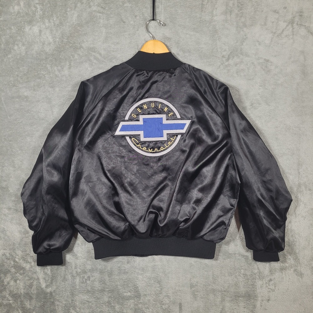 Vintage Genuine Chevrolet Bomber Satin Jacket Black Mens L USA Made Snap Front